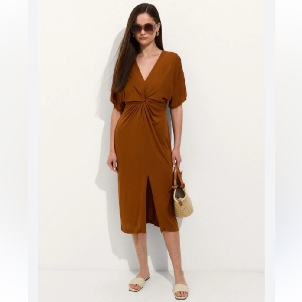 Lock & Key Elegant Short Sleeve Front Knot Midi Brown Dress Size Small